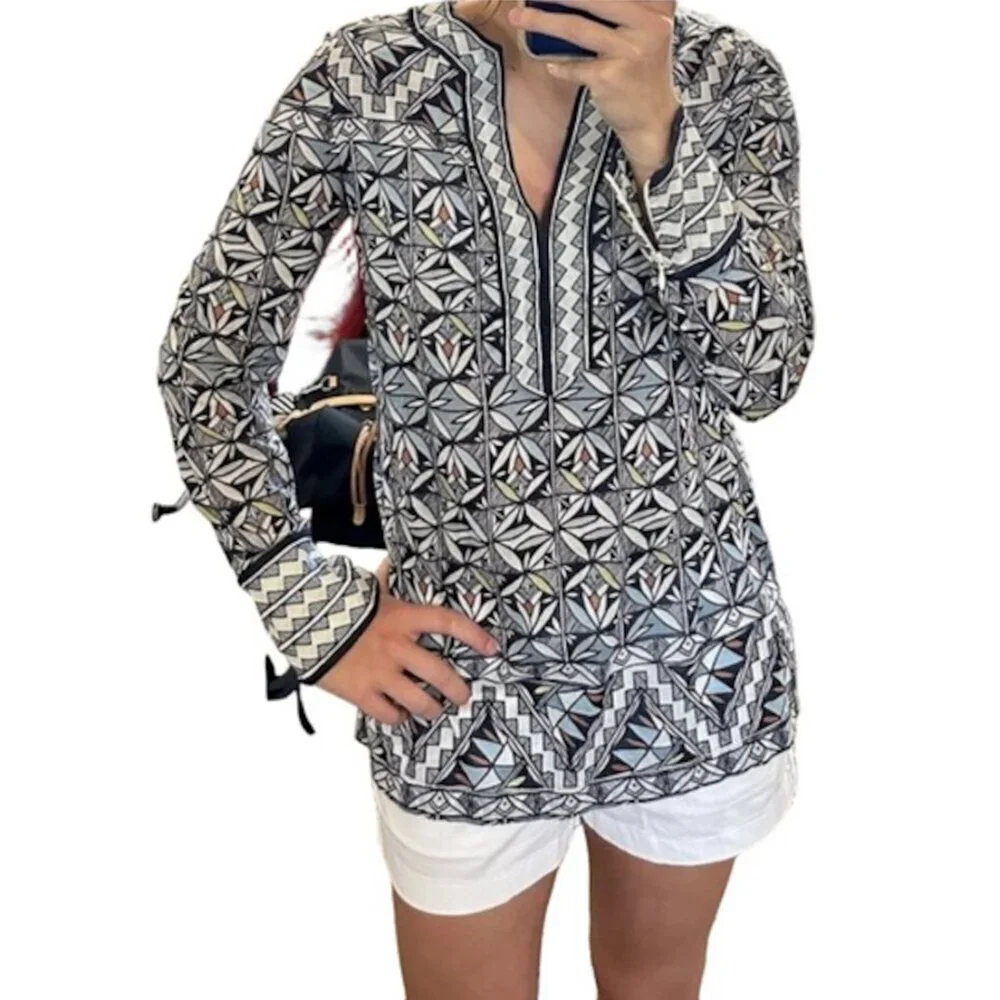 TORY BURCH Geometric Print Long‎ Sleeve Cotton Tunic Top